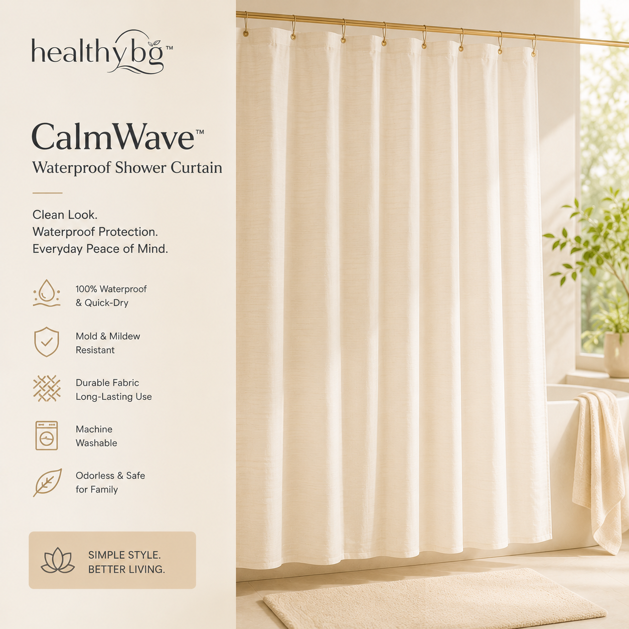 healthybg™ CalmWave™ Waterproof Shower Curtain